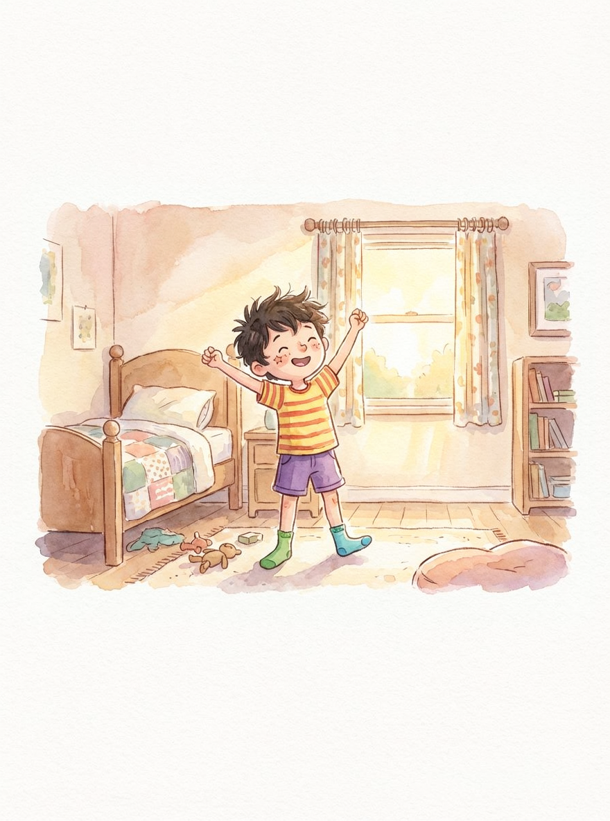 Finn excited in his bedroom